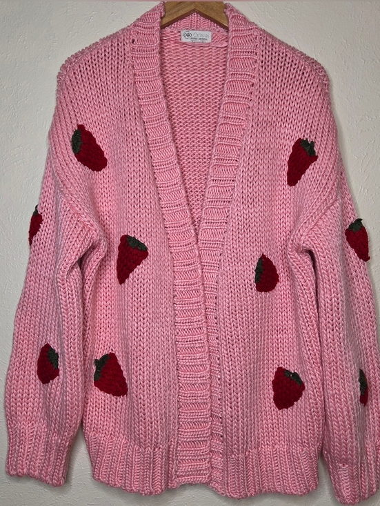 Cato Sweaters - Cato Collection Strawberry Cardigan Pink Chunky Knit Open Front Cottagecore XL